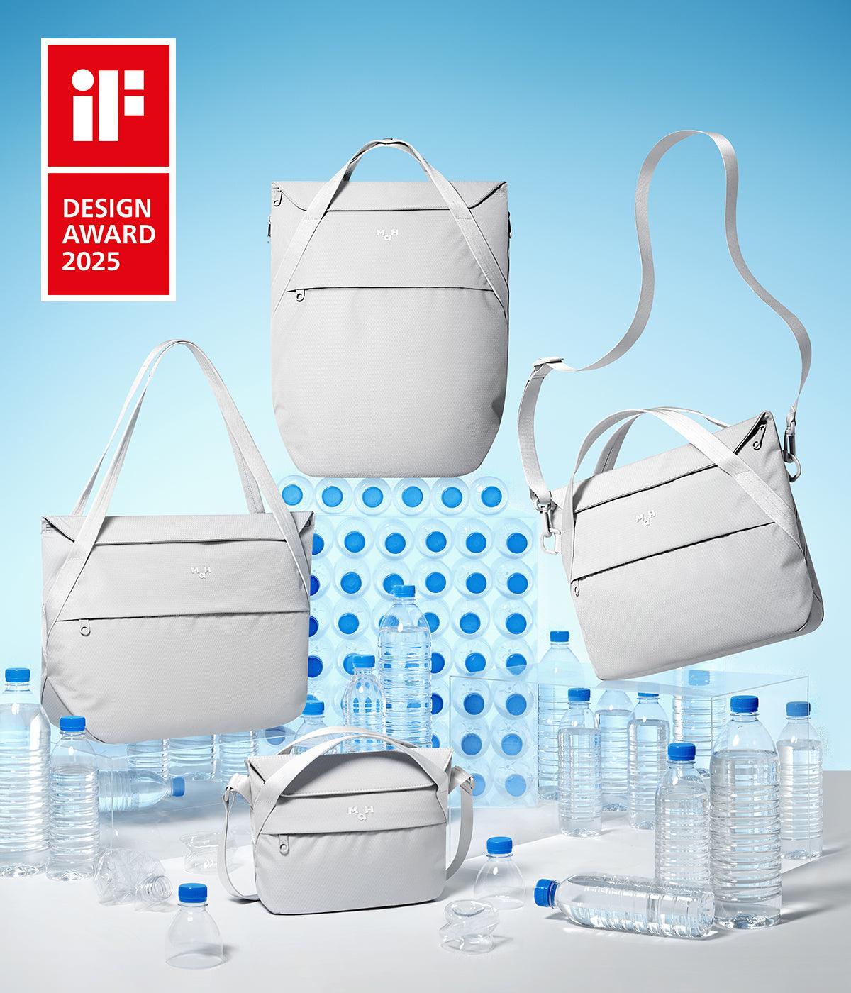 Light gray sustainable bags with iF Design Award 2025, styled with recycled plastic bottles for eco-friendly lifestyle