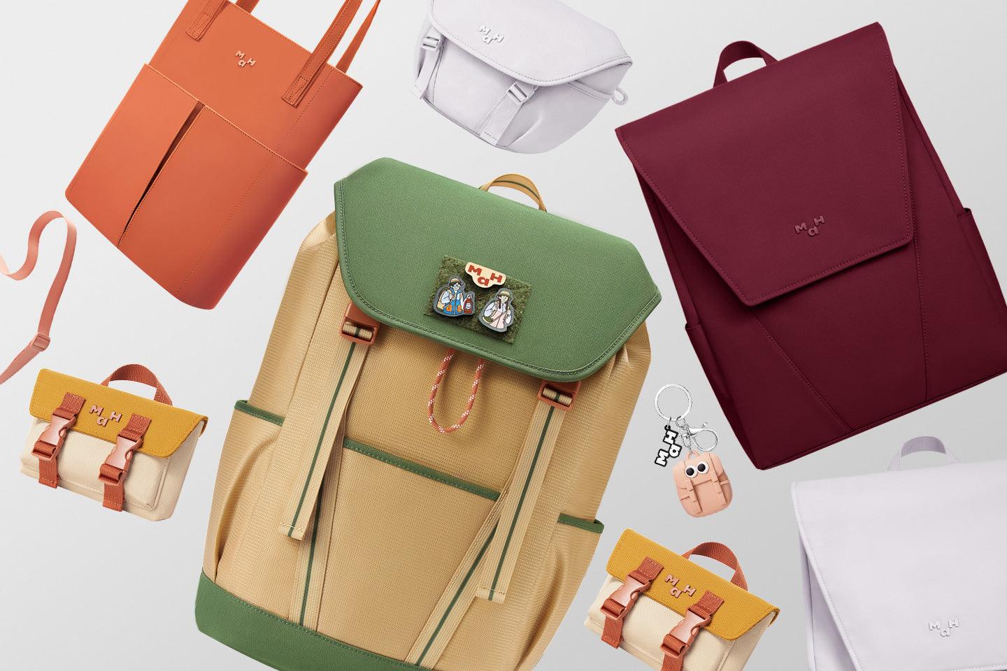 Colorful backpacks, totes, and accessories with minimalist design and brand logo details