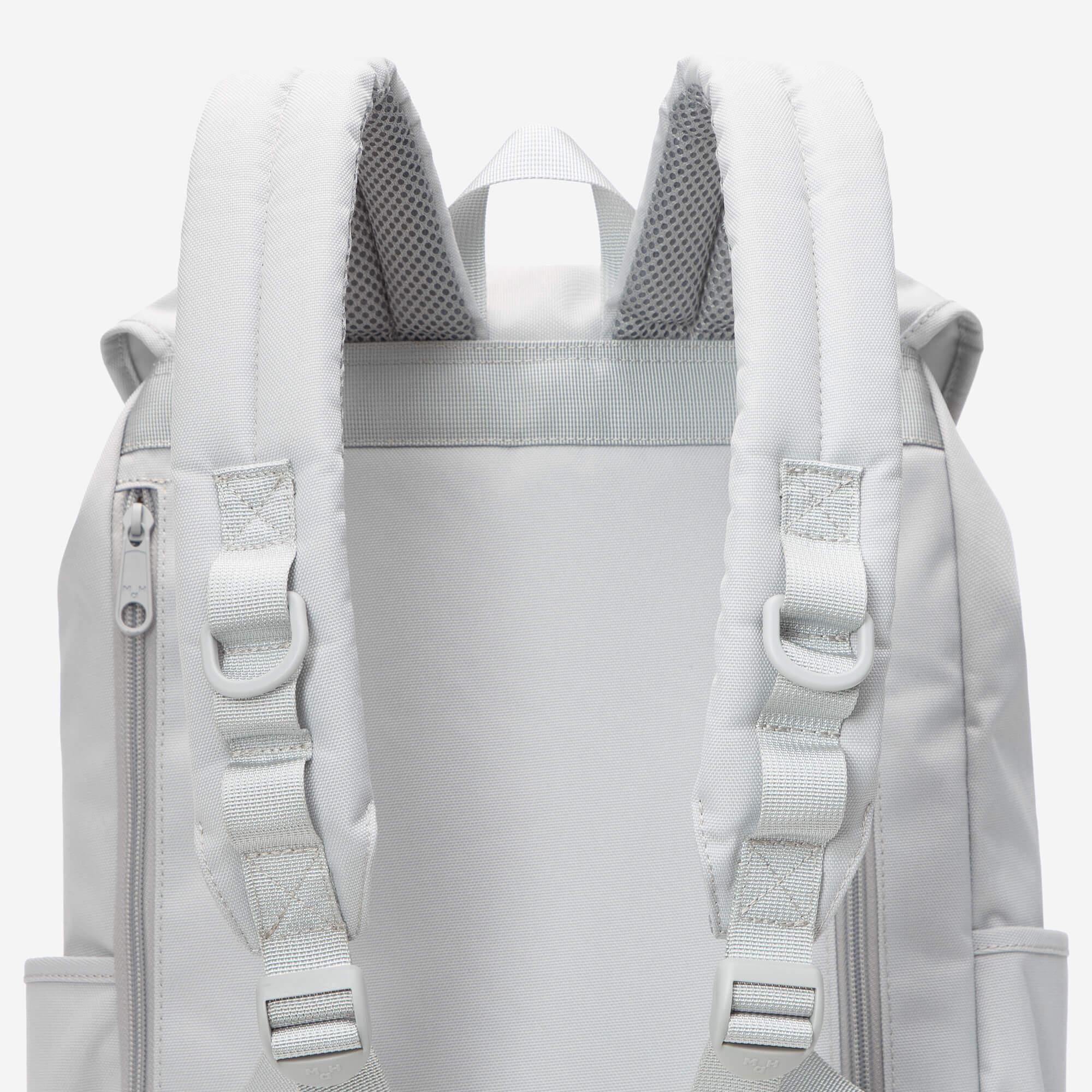 Light gray backpack with padded shoulder straps, mesh back panel, and adjustable buckles for comfort and fit.