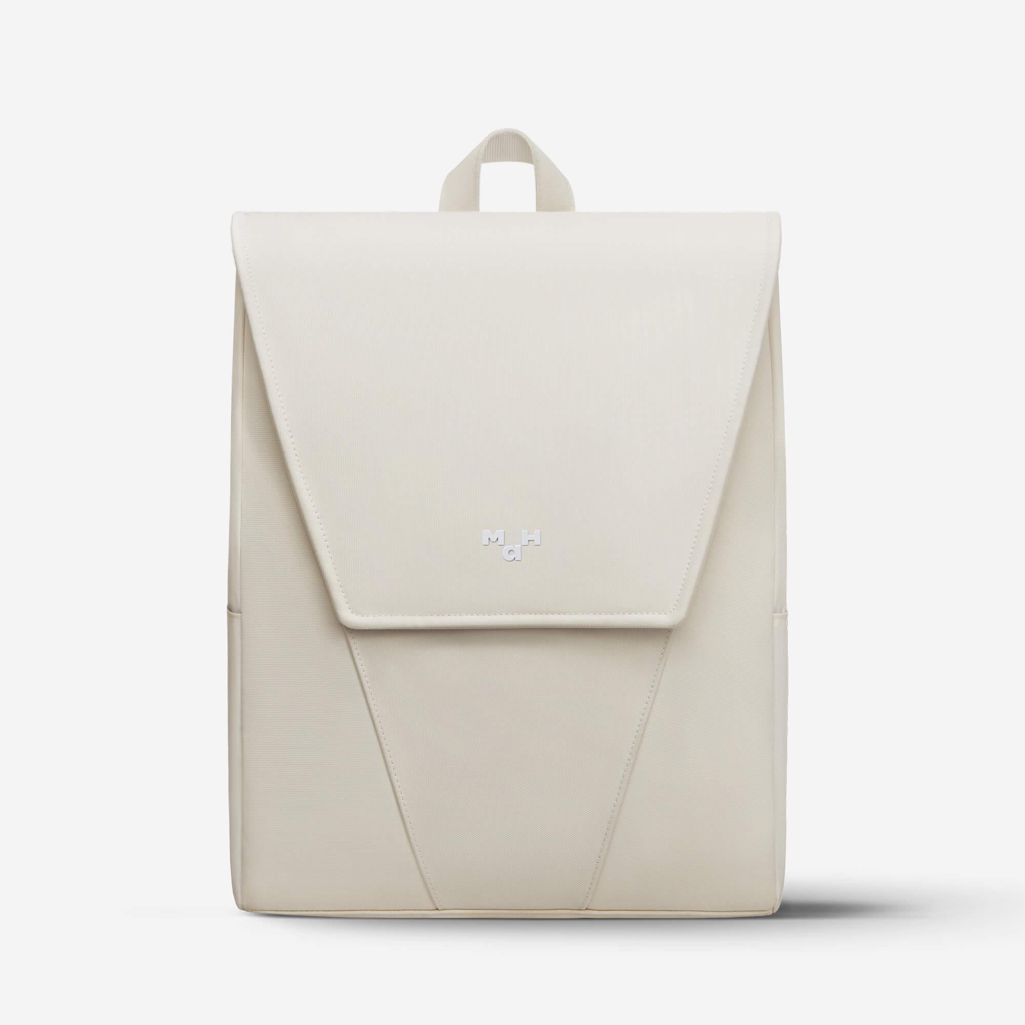 Cream minimalist backpack with flap closure and subtle logo, ideal for everyday use or travel.