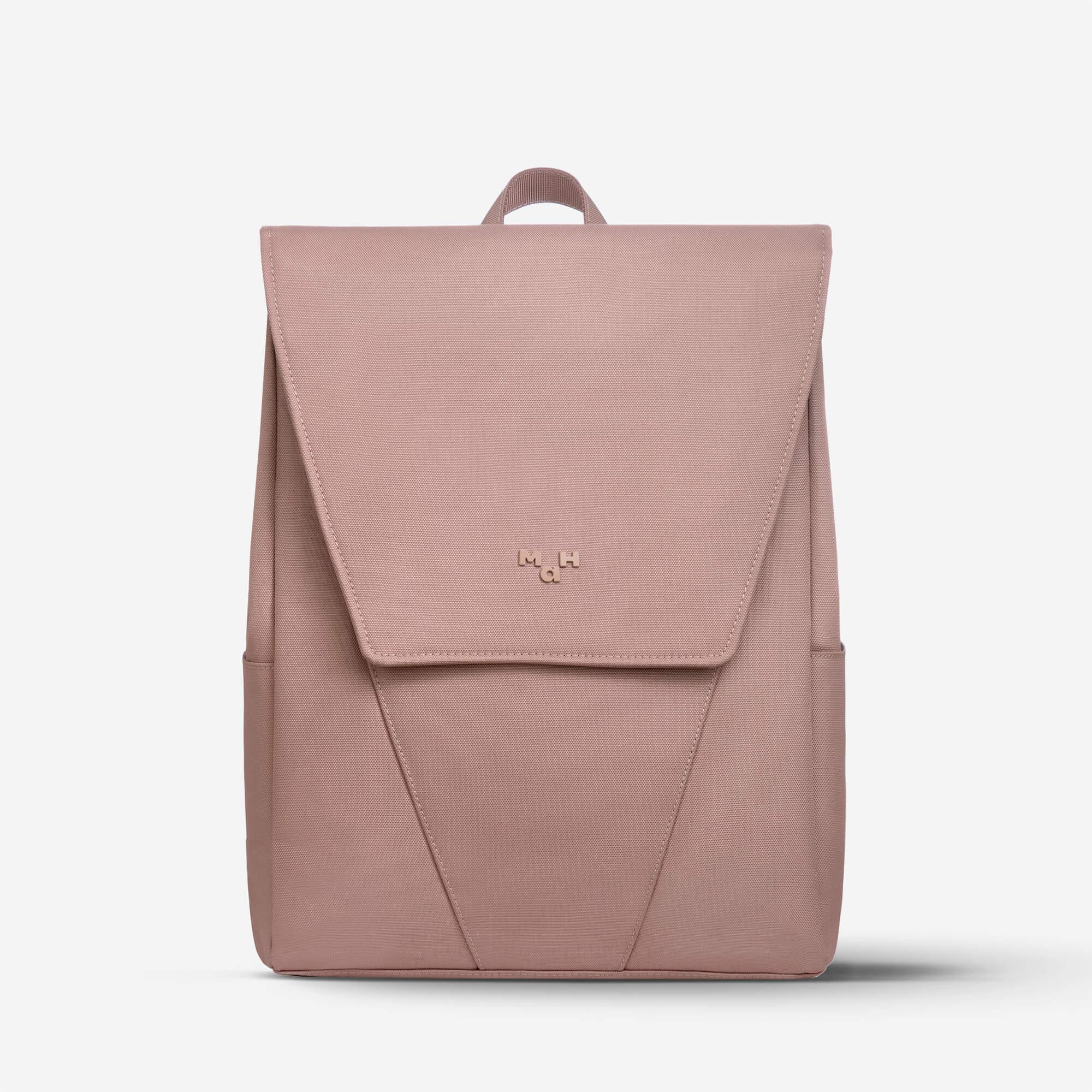 Dusty rose minimalist backpack with flap closure and subtle logo, ideal for everyday use