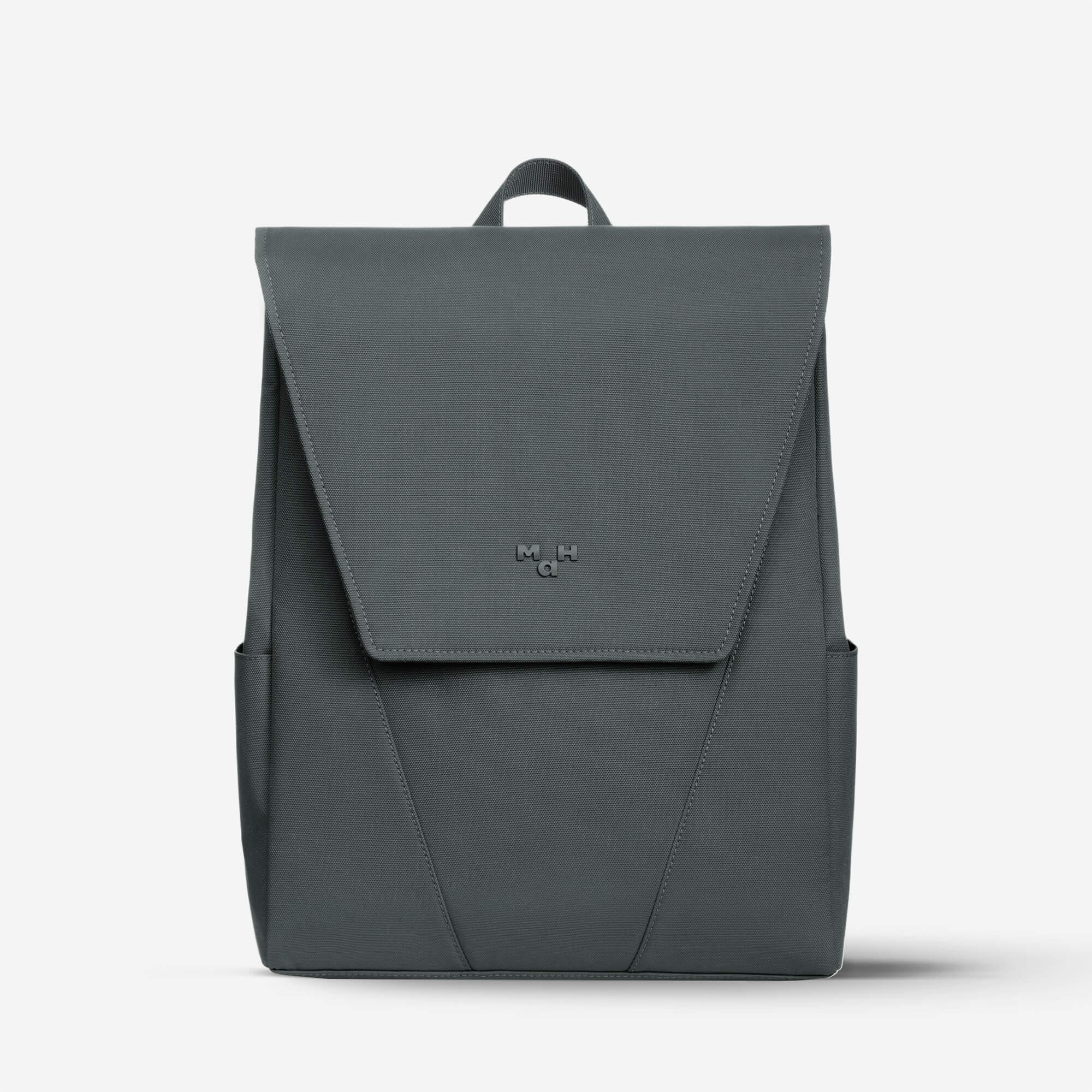 Dark gray minimalist backpack with front flap and side pockets, ideal for daily use or travel