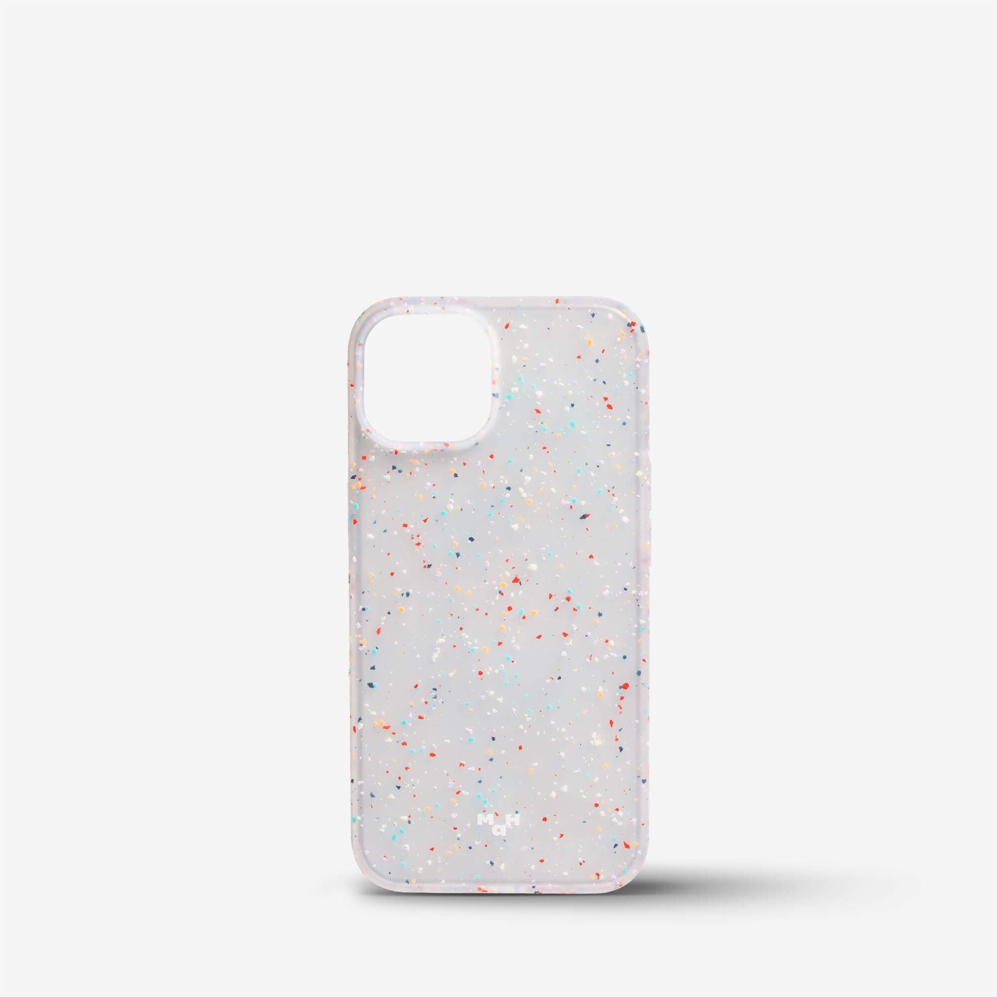 Clear phone case with colorful speckles, slim design for iPhone protection