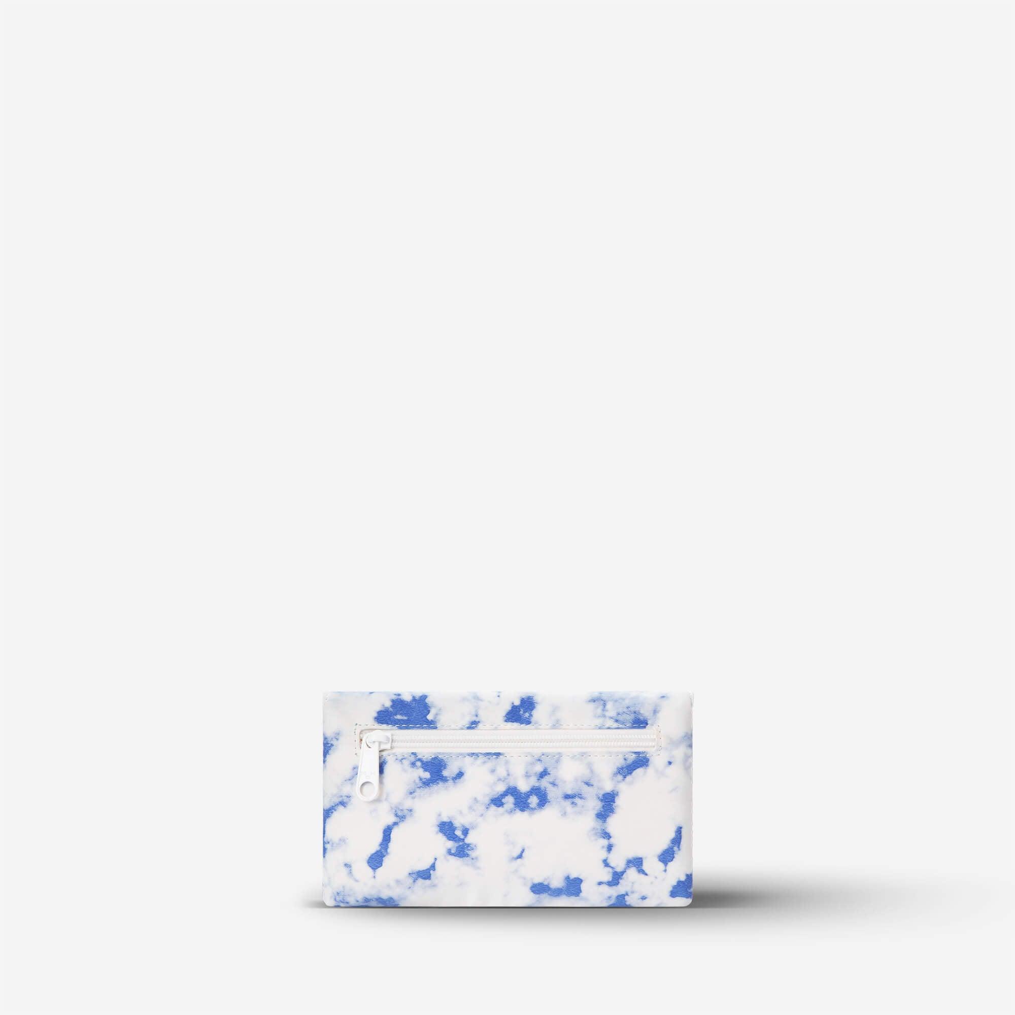 Blue and white marbled zip pouch, compact accessory for everyday essentials