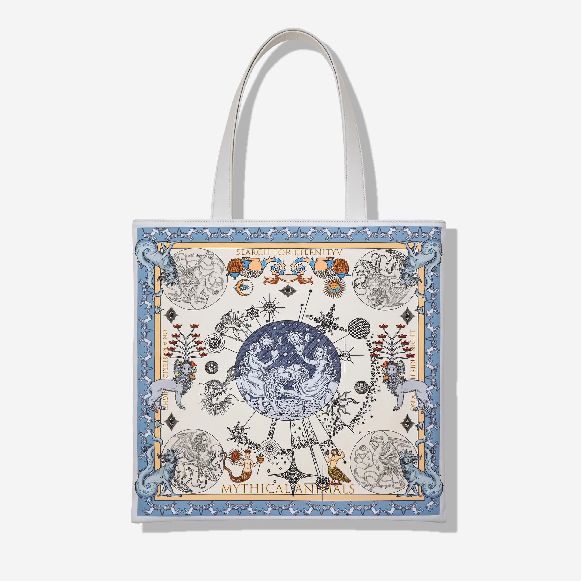 White tote bag with mythical animals and celestial art, featuring 'Search for Eternity' design