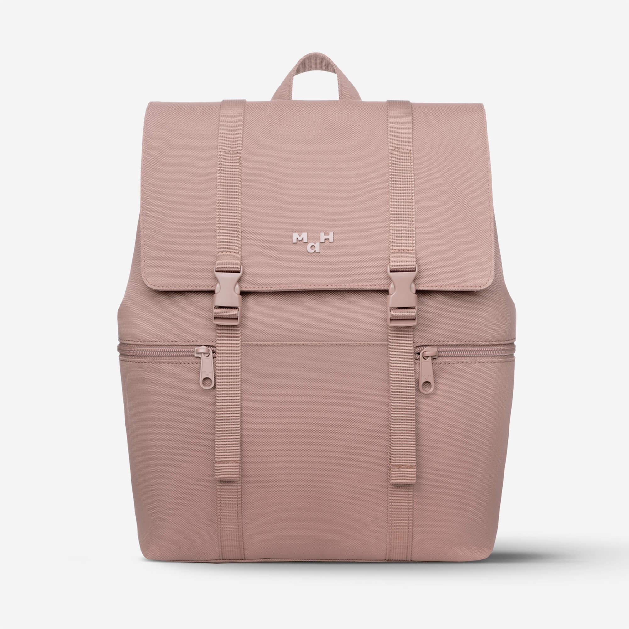 Dusty rose backpack with front flap, buckles, and dual side zippers for daily use