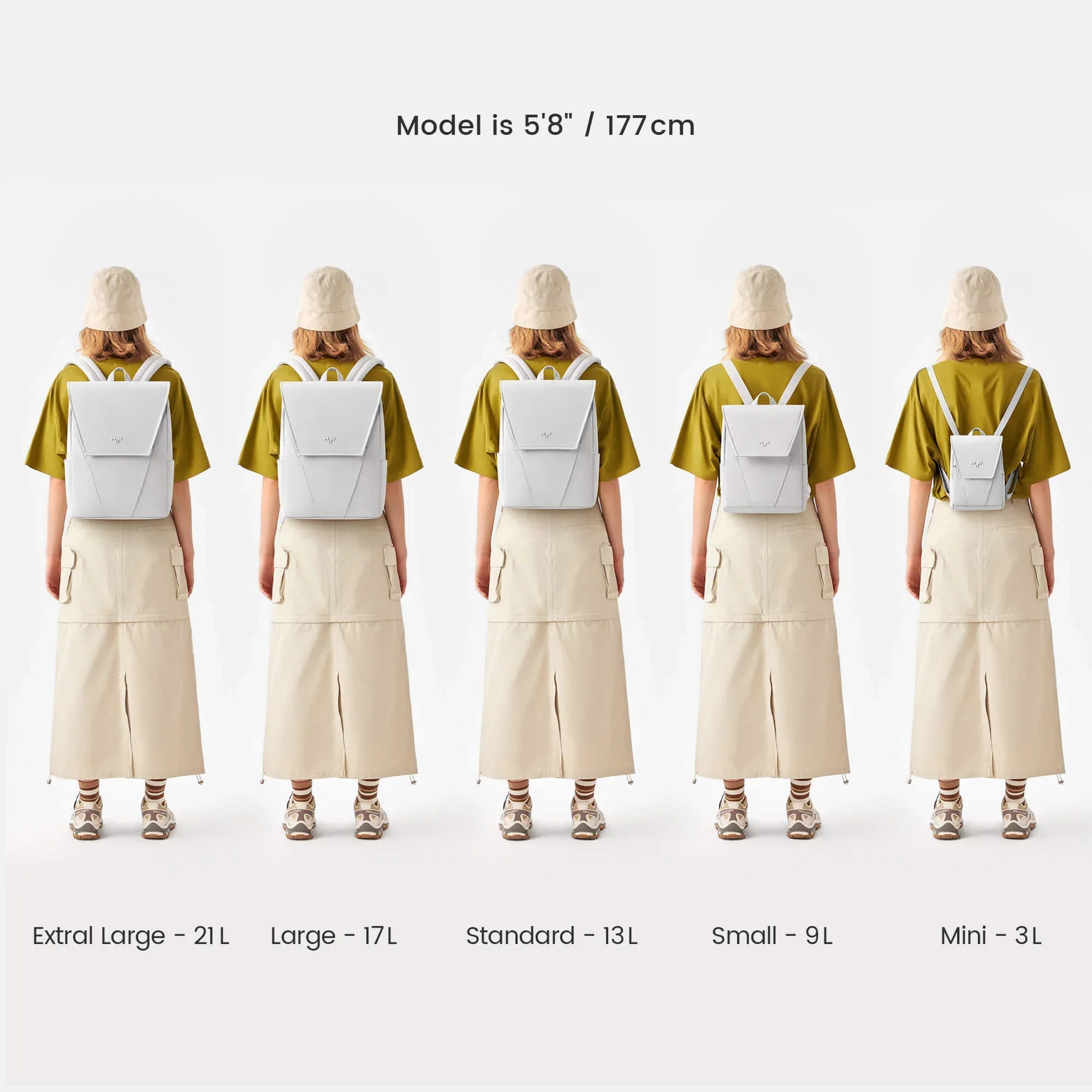 Five white backpack sizes shown on model: Extra Large to Mini, 3L–21L capacity, lifestyle design