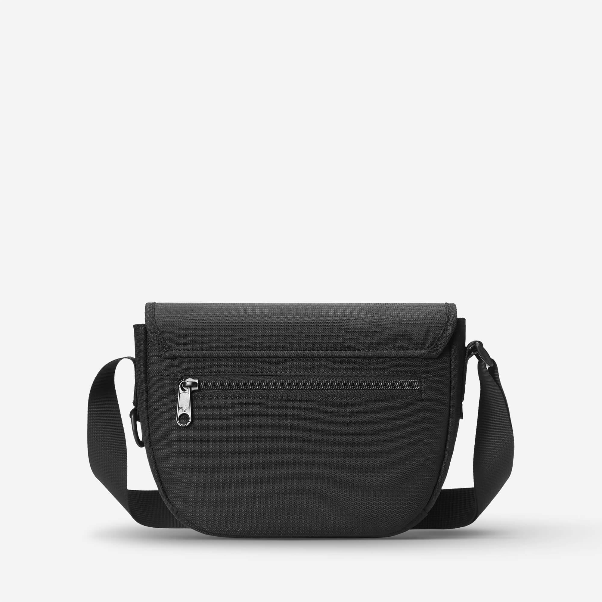 Black crossbody bag with front zipper pocket and adjustable strap, ideal for everyday carry