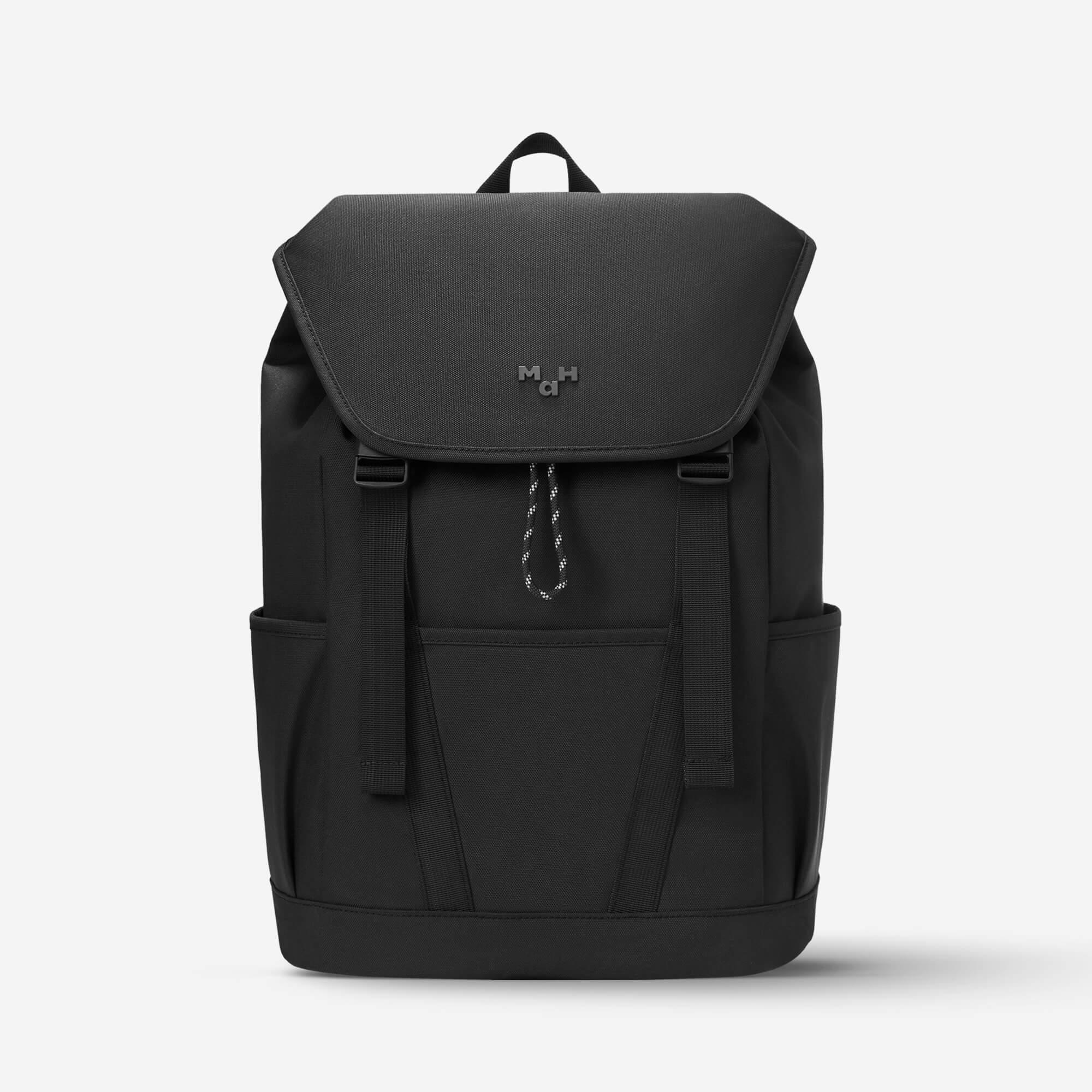 Black minimalist backpack with front flap, side pockets, and drawstring closure for daily use or travel
