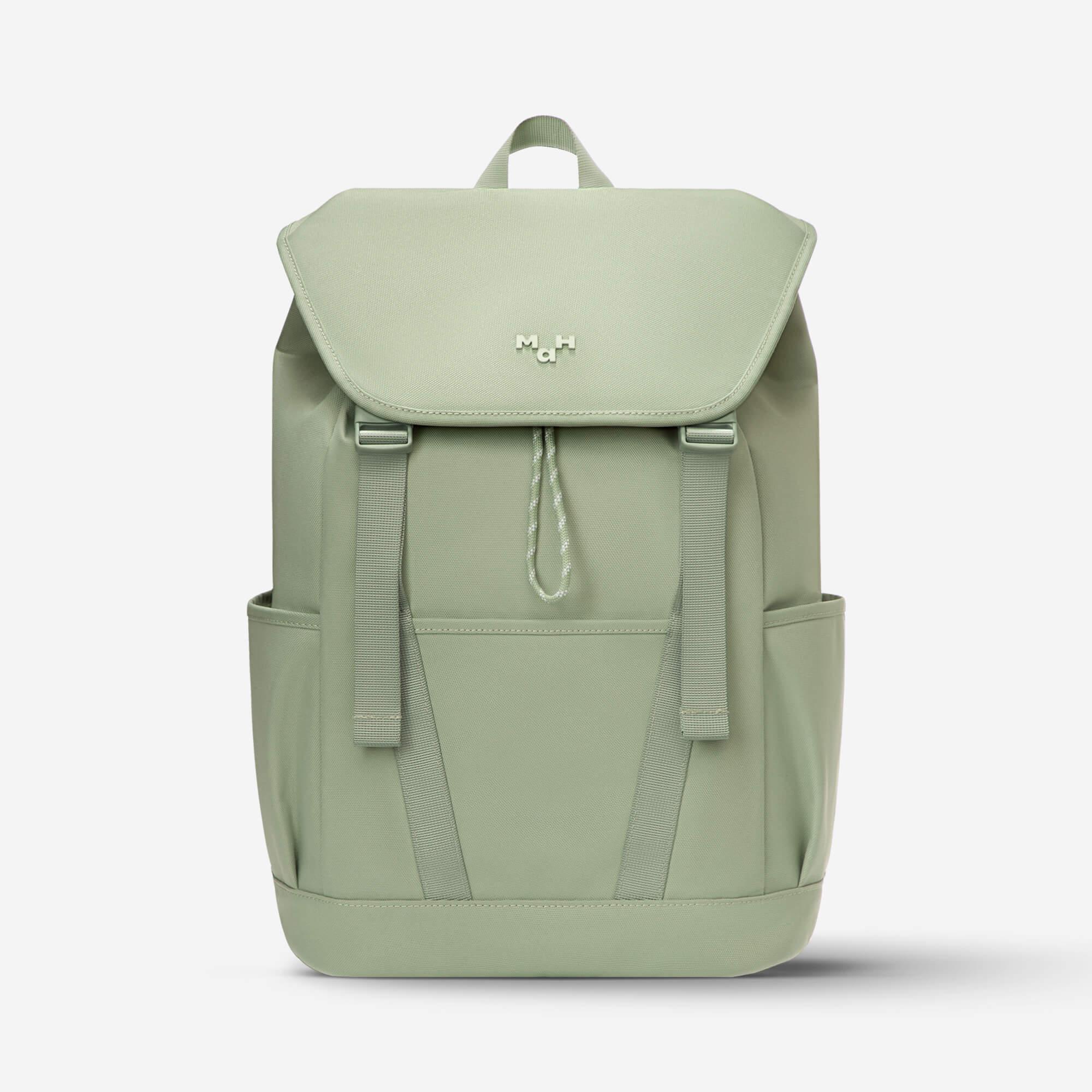 Mint green minimalist backpack with front pocket and drawstring closure, ideal for daily use or school
