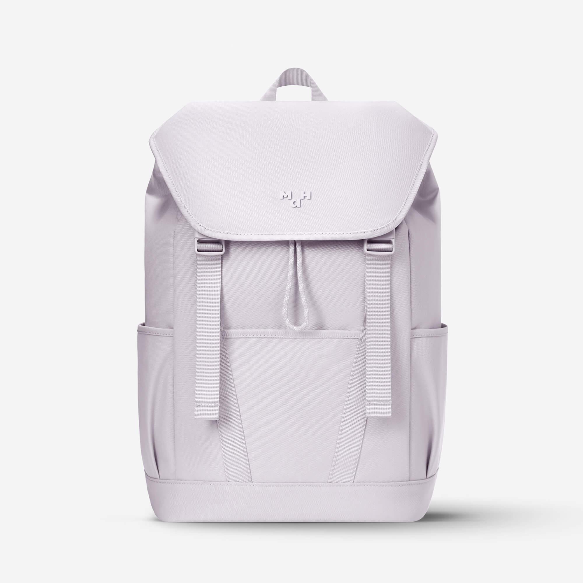 Light purple minimalist backpack with front pocket and drawstring closure, ideal for daily use or school