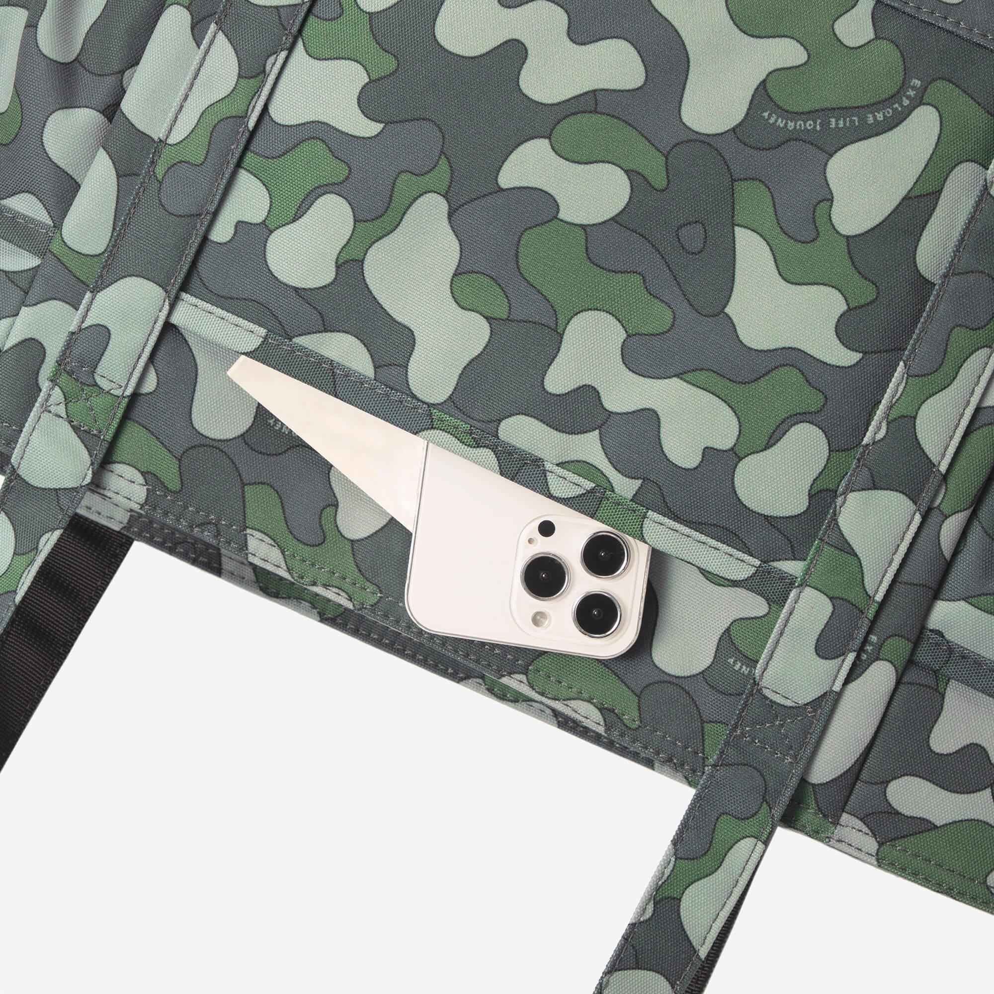 Camouflage backpack with phone pocket, green gray pattern, lifestyle accessory