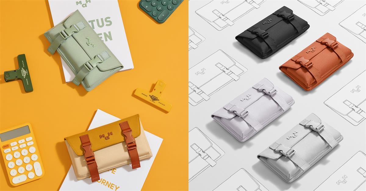 Stylish compact pouches in mint, black, orange, white, and beige with buckle straps, ideal for travel or daily use.