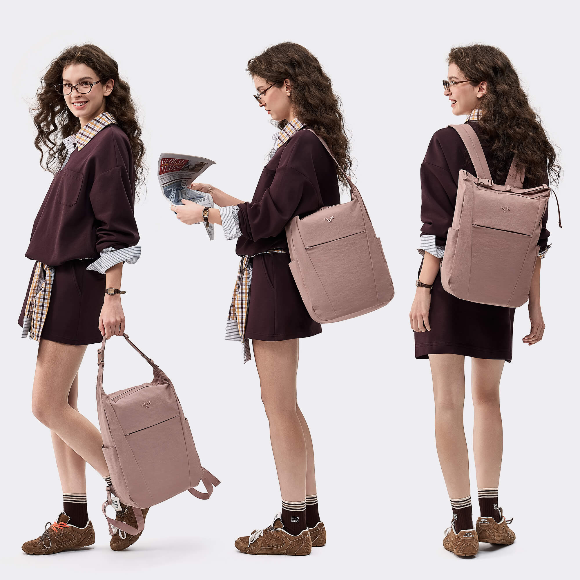 Stylish mauve backpack showcased in three views, perfect for daily use with sleek design and multiple carry options.