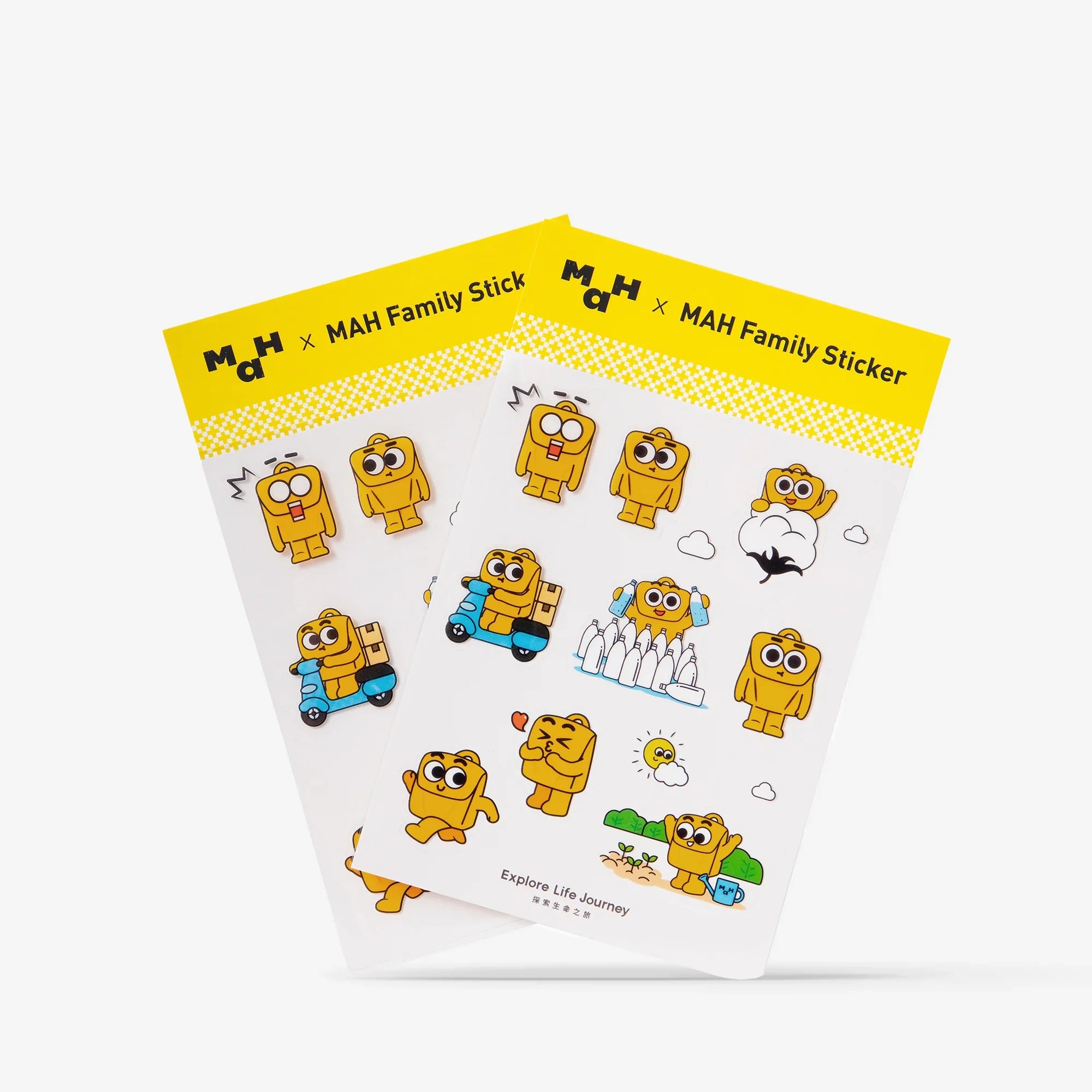 MAH Family Sticker sheets with cute yellow character designs for bags and accessories, featuring playful scenes and expressions.