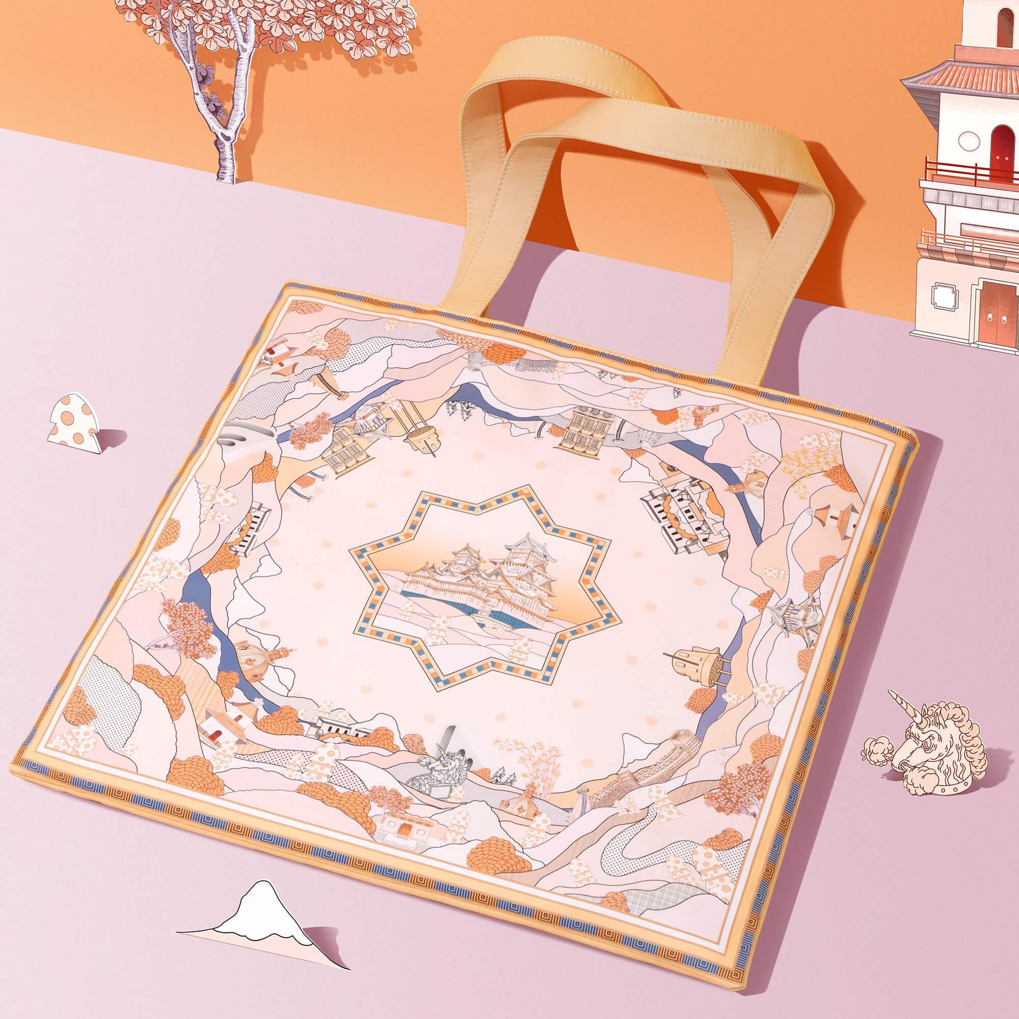 Stylish tote bag with Japanese castle and landscape print, perfect for everyday use and travel accessories.