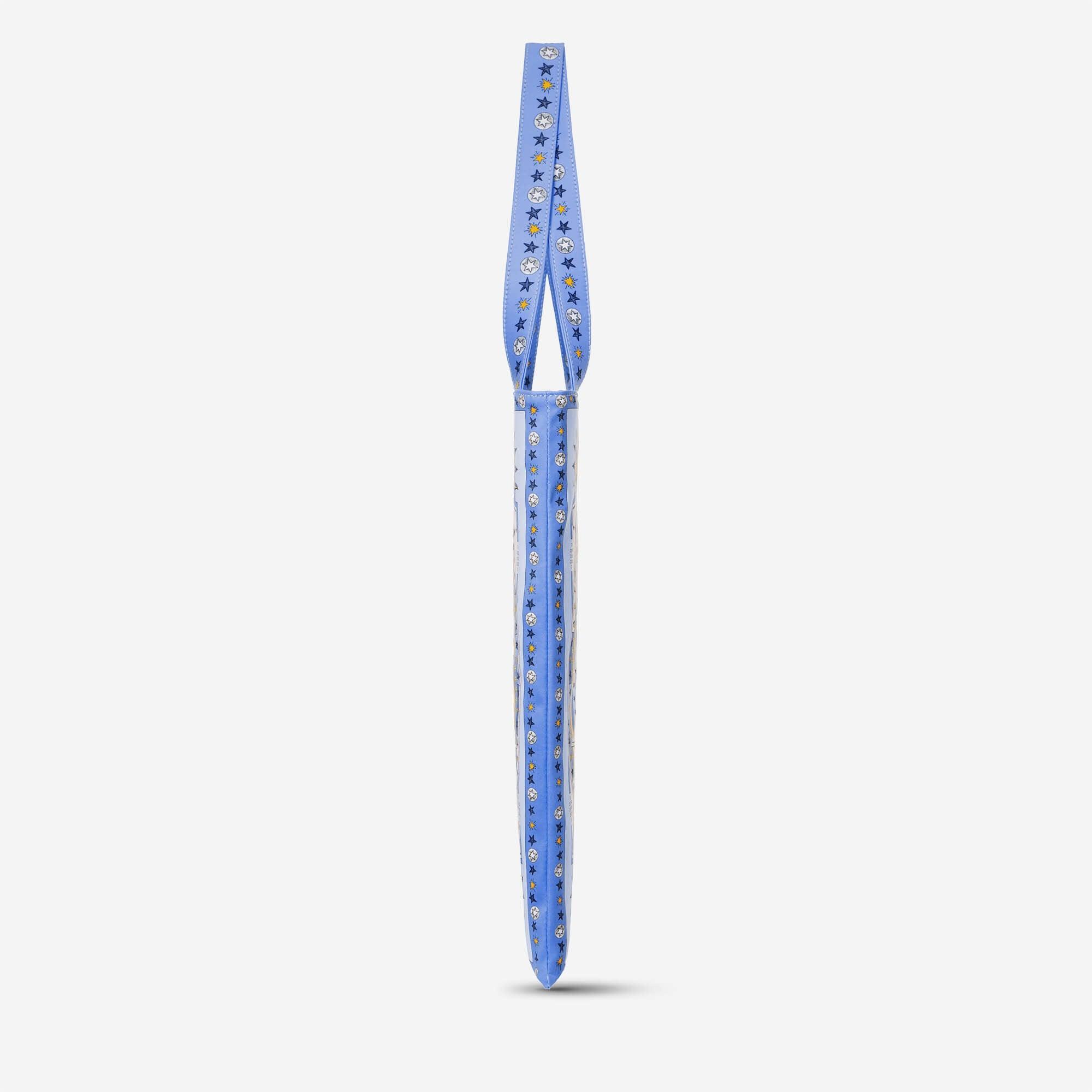 Light blue bag strap with star and sun pattern, stylish accessory for backpacks and totes