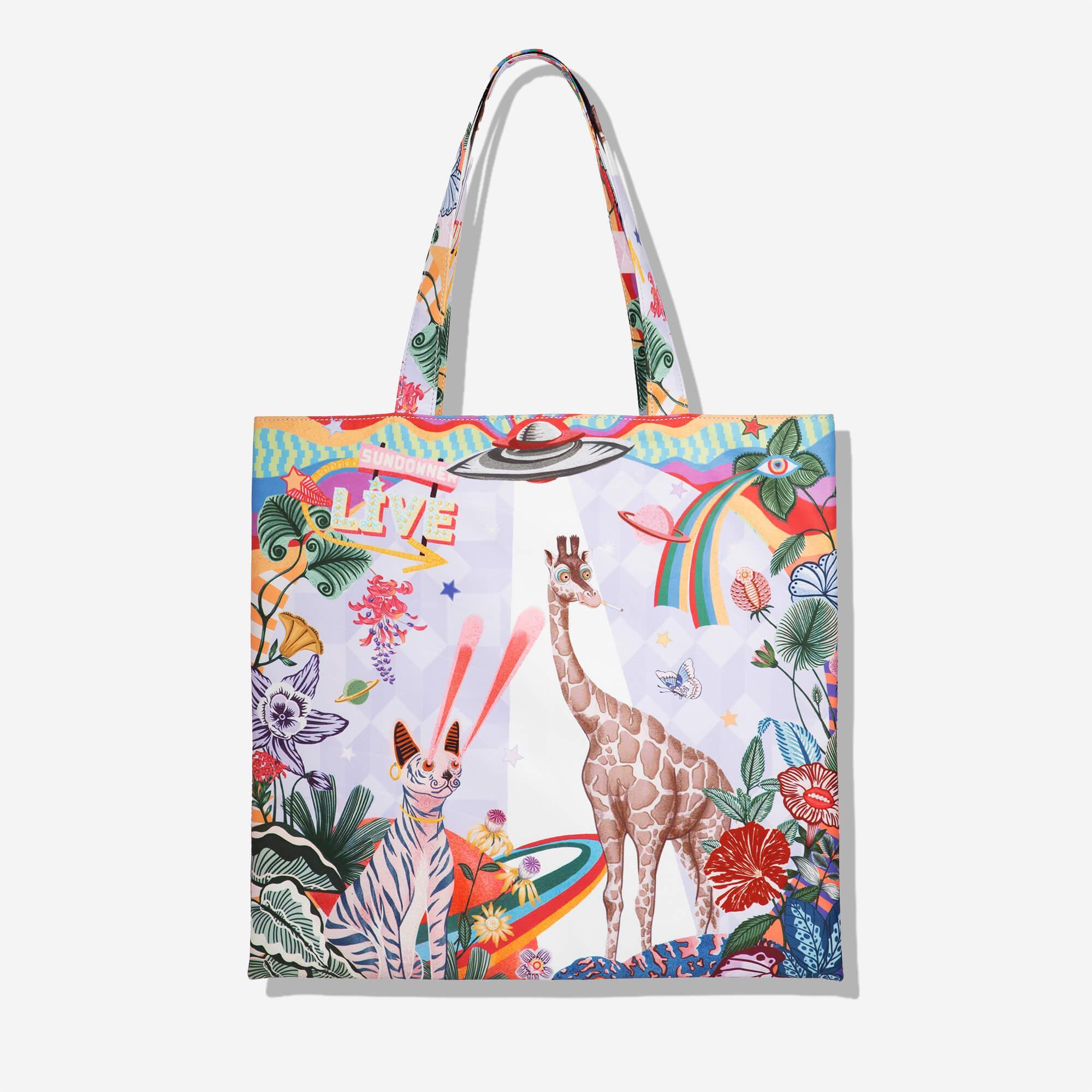 Colorful tote bag with giraffe, cat, UFO, rainbow, and floral print for everyday use