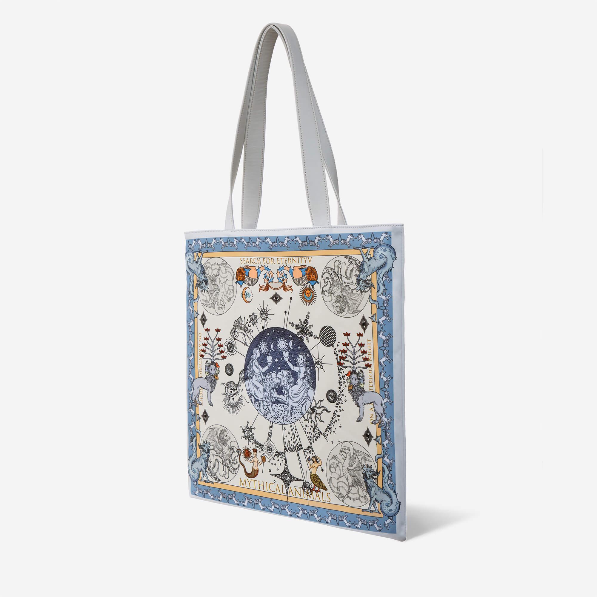 Mythical animals tote bag with celestial and fantasy art, featuring dragons, mermaids, and cosmic designs
