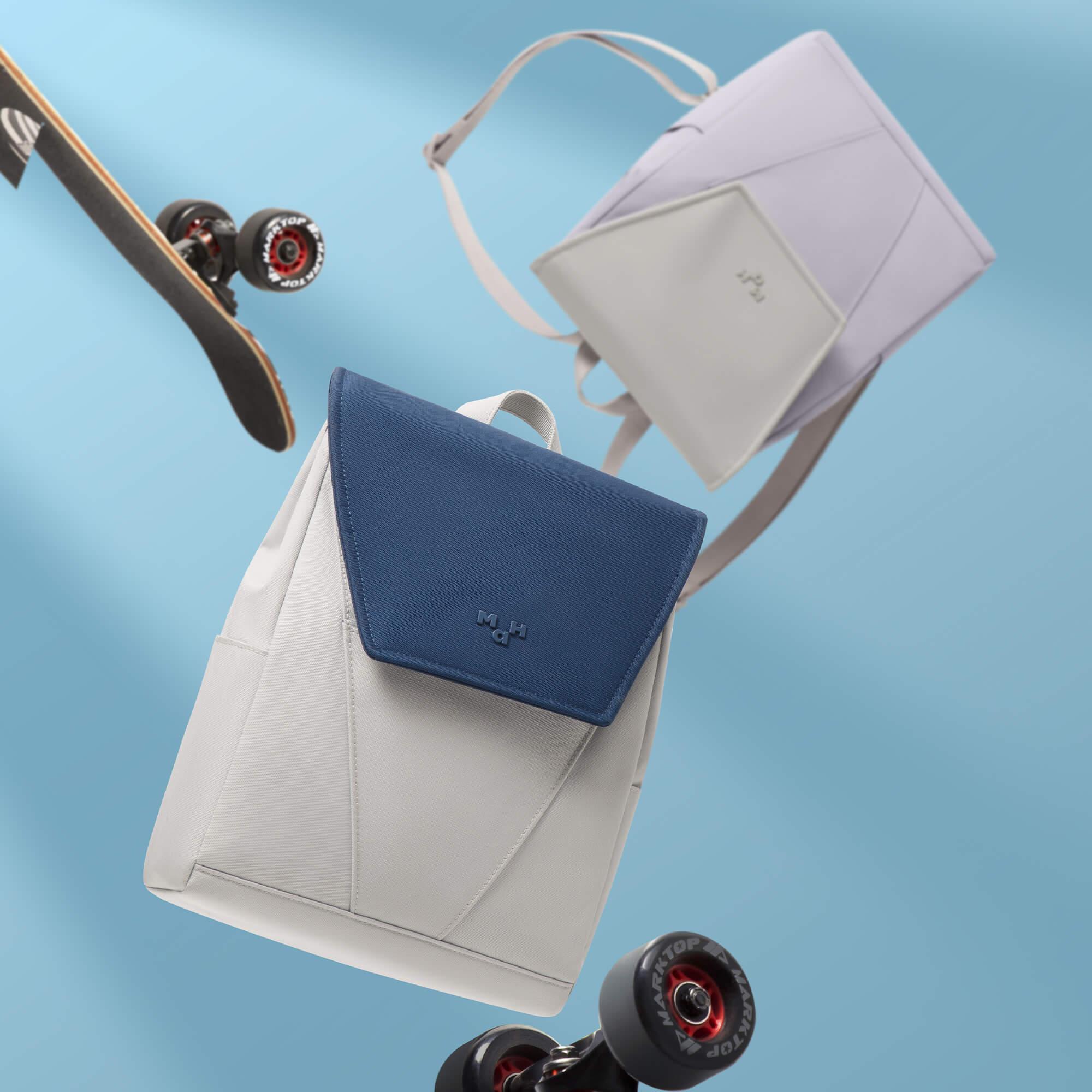 Stylish backpack and tote bag with skateboard, modern design for everyday use