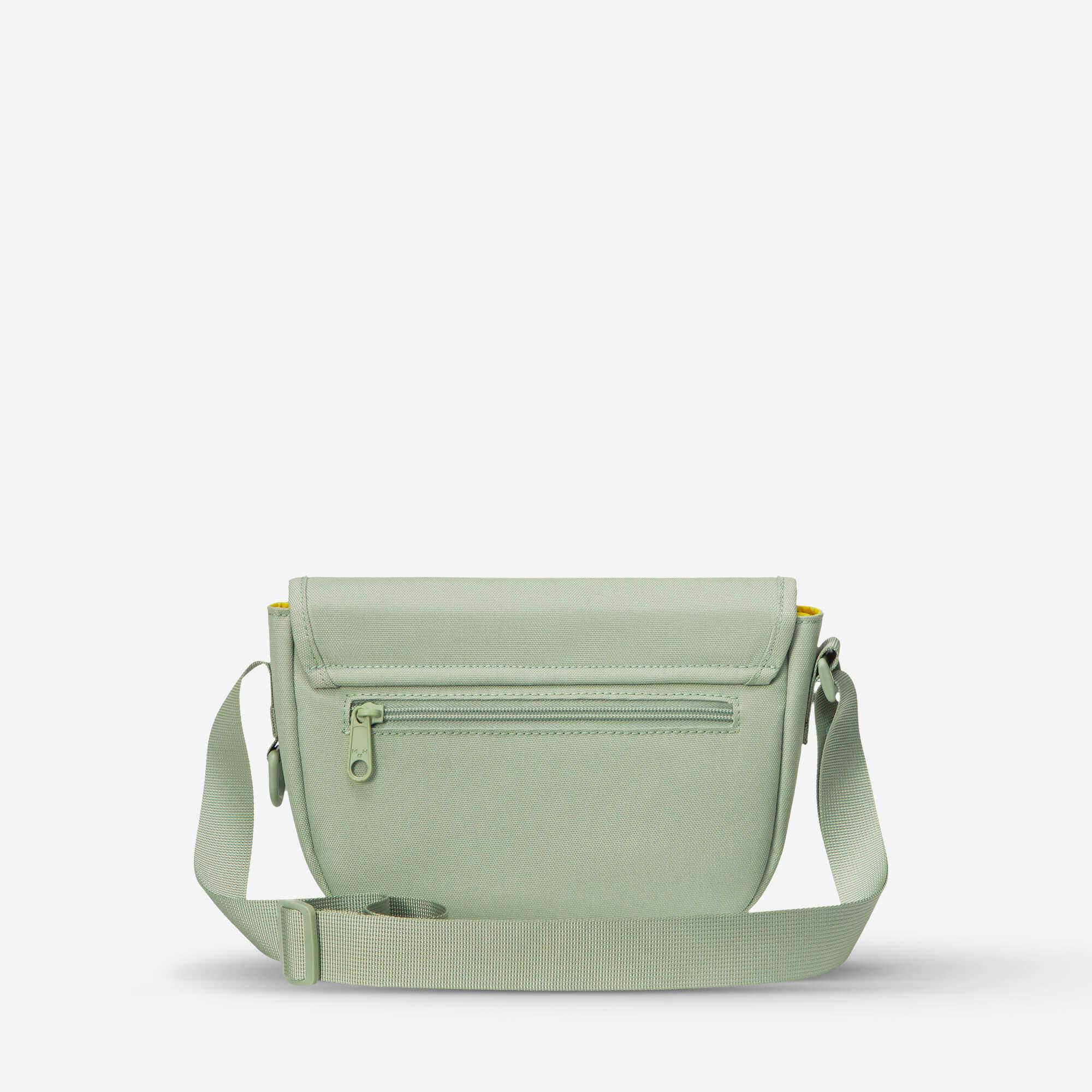 Mint green crossbody bag with adjustable strap and front zipper pocket, ideal for everyday use.