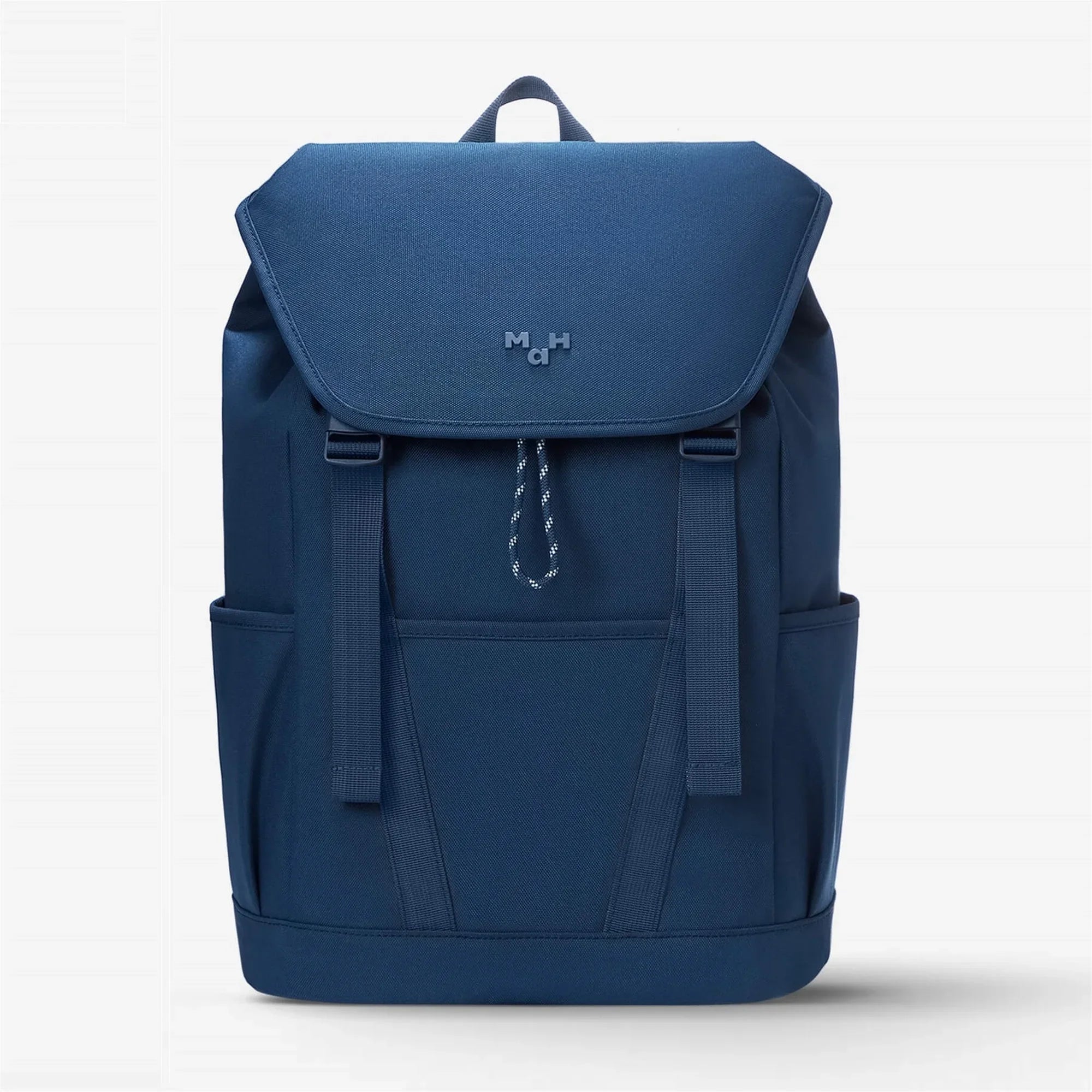 Navy blue backpack with front flap, side pockets, and drawstring closure, ideal for daily use or travel.