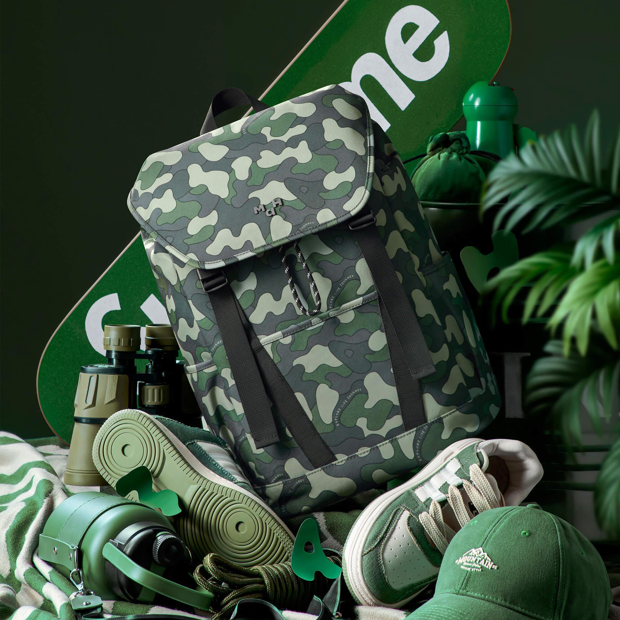 Camouflage backpack with outdoor gear, binoculars, sneakers, and green accessories for adventure travel