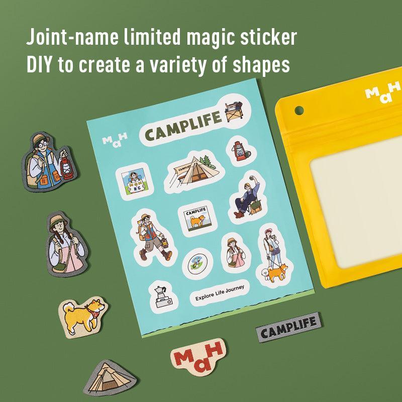 Camlife camping stickers for DIY crafts, featuring hikers, tents, dogs, and adventure themes on green background