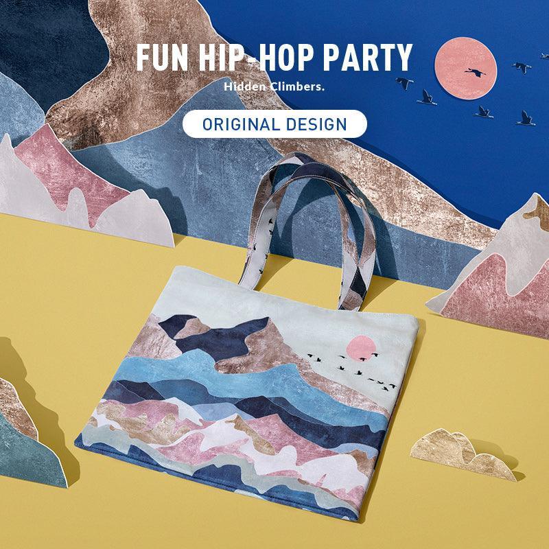 Stylish tote bag with original mountain and sunset design, perfect for hip-hop party or daily use.