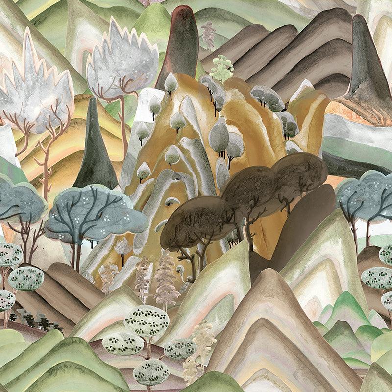 Stylized mountain landscape artwork with layered hills, abstract trees, and earthy tones for home decor