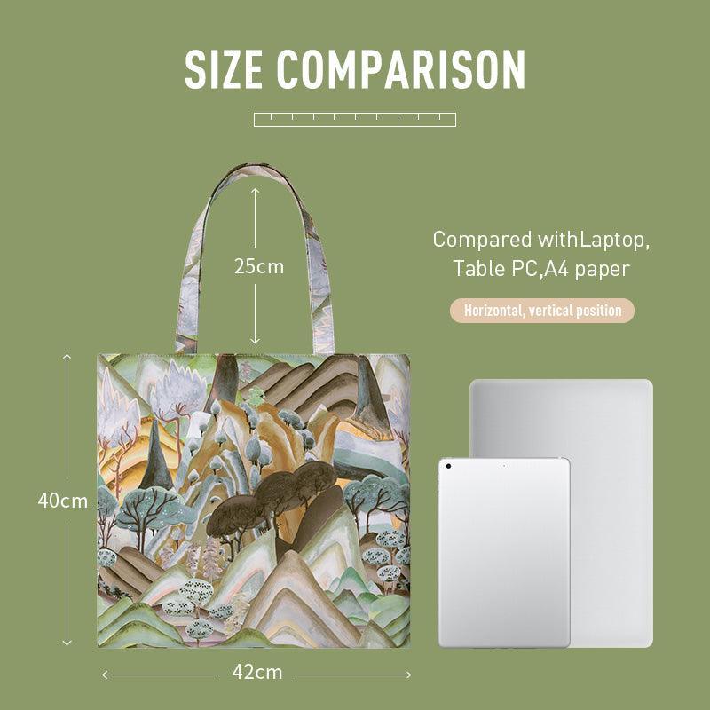 Artistic tote bag with mountain print, 40x42cm, fits laptop & tablet, ideal for daily use